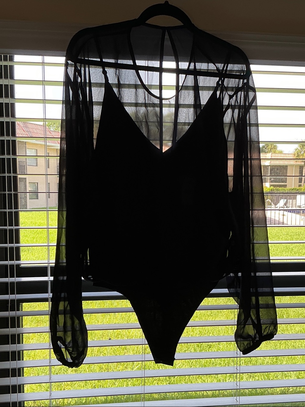 NWT Express Black Sheer Long-Sleeve V-Neck Thong Shape wear Bodysuit